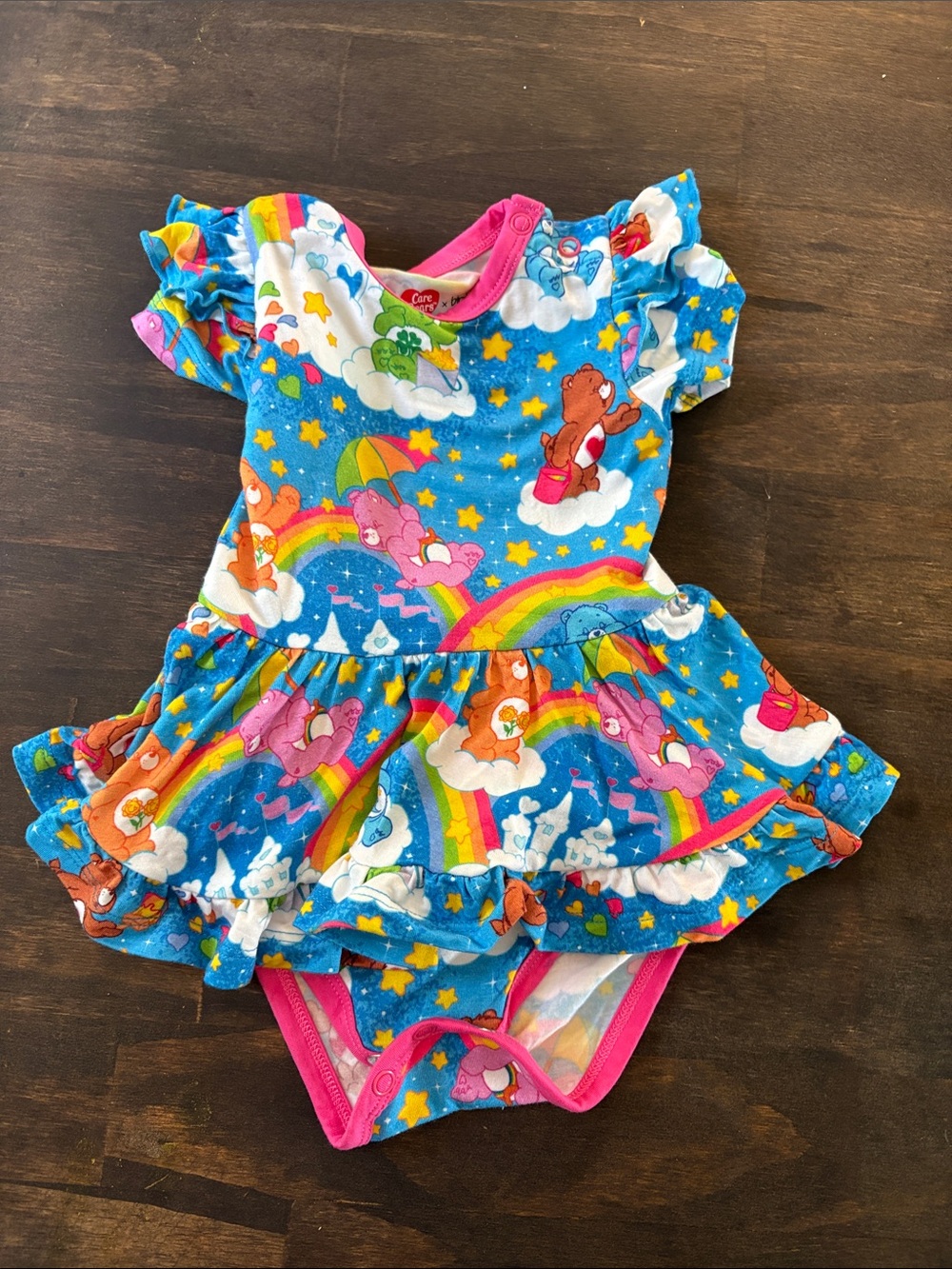 Bamboo Care Bears Bright Blue & Pink Ruffle One-Piece with Rainbows